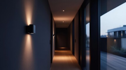 Illuminated modern hallway with wall lighting and a view towards a building at dusk
