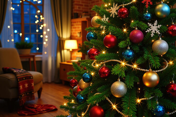 Christmas tree with colorful ornaments and lights in a warm and inviting living room with a chair and lamp.