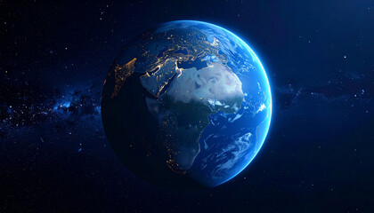 Obraz premium Stunning view of planet Earth from space, showcasing continents and oceans with city lights.