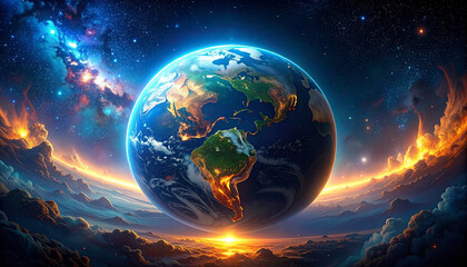 A stunning artistic depiction of planet Earth, surrounded by a vibrant nebula and celestial elements.