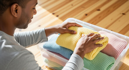Man organizing colorful folded sweaters into a clear plastic storage container indoors on a wooden floor during spring cleaning