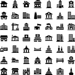 Collection of black and white building icons for architecture and city planning
