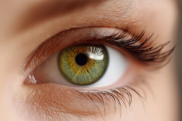 Fototapeta premium Close-Up Of Eye With Green And Yellow Iris Eyelashes And Pale Skin Tone Focusing On Eyesight And Vision