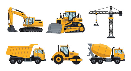 Collection of Construction Vehicles and Equipment Excavator, Bulldozer, Crane, Dump Truck, Tractor, Concrete Mixer. Ideal for Design Projects and Presentations