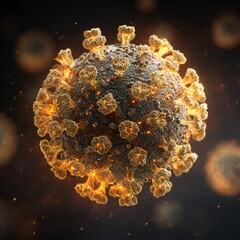 3D illustration of glowing virus pathogen with microscopic spikes, medical science visualization showing infection, disease, and contagion as dangerous particles floating in biology research.