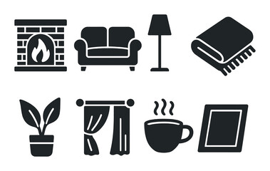 Cozy home elements: fireplace, sofa, lamp, blanket, plant, curtains, coffee, frame