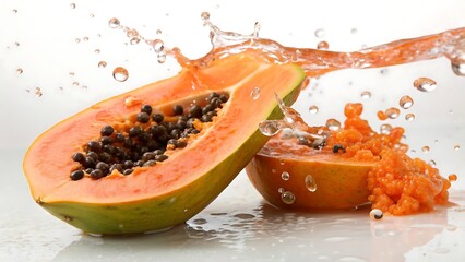 Papaya half explosion with refreshing splash, exotic fruit indulgence, vibrant freshness and on AI generated
