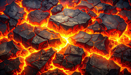 Close-up view of molten lava flowing between cracked, dark, and hardened volcanic rocks.