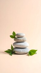Obraz premium Zen stone tower with green leaves a symbol of balance, harmony, and tranquility, perfect for wellness and meditation concepts