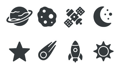 Monochrome space icons set with planet, moon, and rocket