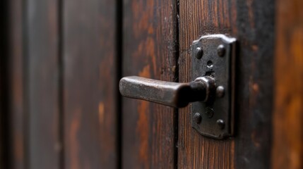 Vintage wooden door with antique handle and intricate metal detailing showcasing rustic charm and