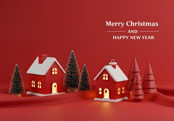 Cozy christmas village scene with festive lights and snowy houses surrounded by pine trees and seasonal greetings in warm red tones