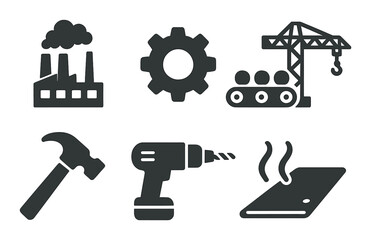 Industrial icons set featuring factory, gear, crane, hammer, drill, and steam iron
