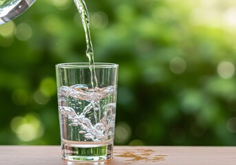 Clear cool water being poured into a textured glass with ice cubes on a blurred green nature background in sunlight.