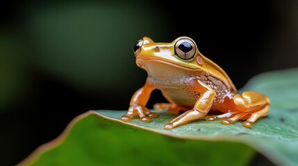 Naklejka premium Golden tree frog perched on a leaf in a lush rainforest environment providing a captivating scene