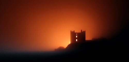 Obraz premium Dark castle silhouette glowing with orange lights spooky mood