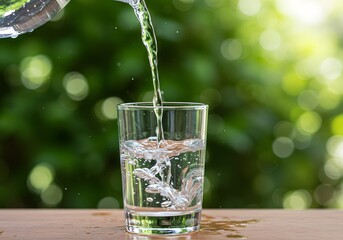Refreshing cool water being poured into a clear glass filled with ice cubes creating a refreshing cascade outdoors
