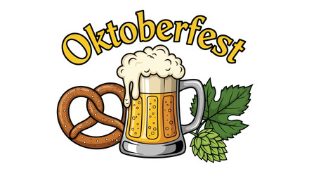 Joyous autumn festival illustration featuring a classic beer stein, a savory pretzel, and fresh hops, perfect for traditional European celebrations