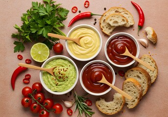 Assortment of dips and sauces including ketchup and guacamole arranged with fresh ingredients for a delicious food preparation