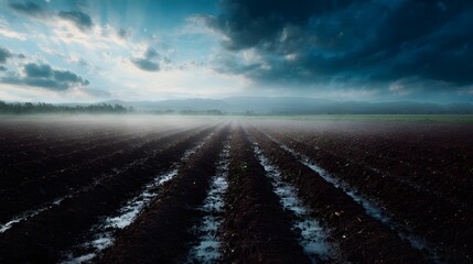 A freshly plowed agricultural field under a dramatic sky with sunbeams breaking through ready for cultivation