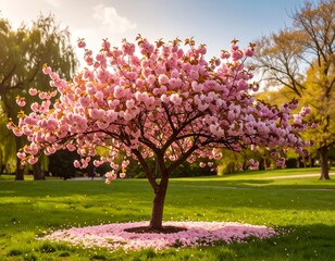 Naklejka premium A full-bloom pink cherry tree in a sunlit park, petals scattered on the grass