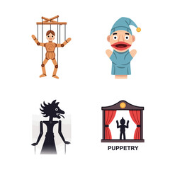 Naklejka premium Diverse Puppetry Styles Illustrated Marionettes, Hand Puppets, Shadow Figures for Theater and Entertainment