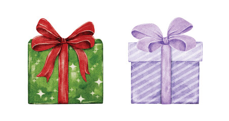 Watercolor Holiday Gift Boxes with Ribbons