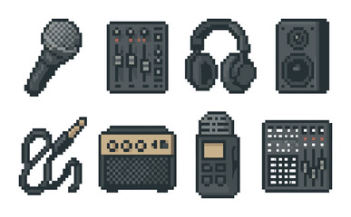 Pixel art recording equipment: microphone, mixer, headphones, speaker, amp, recorder, cable