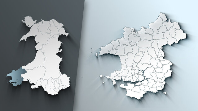 Minimalist 3D Map of Pembrokeshire United Kingdom Province with District Borders