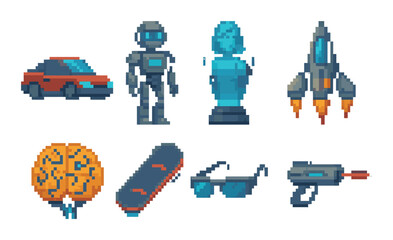 Retro futuristic pixel art icons featuring robot, spaceship, car, and hologram