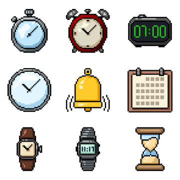 Vector Set of Pixelated Time Icons.