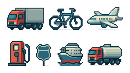 Pixel art icons: vehicles and transport modes - truck, bicycle, airplane, gas pump, ship