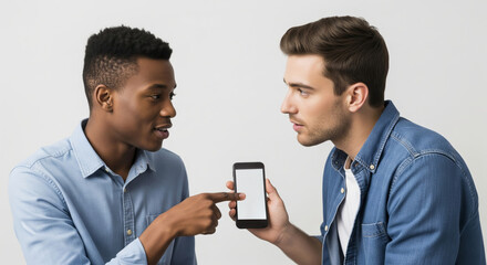 Two Friends Discussing Something on Smartphone Screen