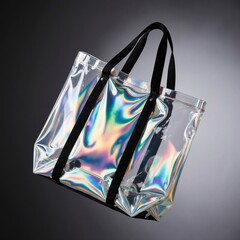 Iridescent Clear Tote Bag with Black Straps, Holographic tote bag