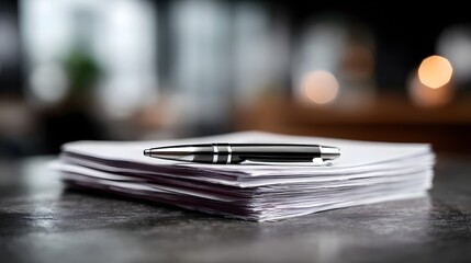 A sleek black and silver pen rests on a stack of white documents on a dark textured desk