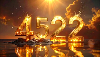 A golden, shimmering rendering of the number sequence 4522, rising above water with a dramatic, sunlit background