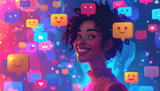 Joyful woman surrounded by social media notifications - Powered by Adobe