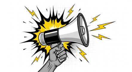 Trendy Halftone Collage Social media news. Hand holding Megaphone with announce information. Propaganda and fake news. Sale and marketing promotions. Contemporary vector illustration art