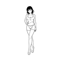 Black and white hot anime character line art illustration, stylish minimal outline drawing in clean style