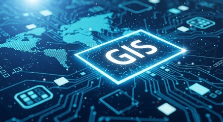Digital illustration depicting a glowing GIS inscription on a blue technological world map