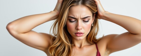 Obraz premium portrait of a woman with shallow breathing and tight shoulders, frowning and gripping her hair, visualizing clear stress indicators.