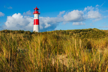 Der Lister Leuchtturm im Morgenlicht am Ellenbogen auf der Insel Sylt, Deutschland