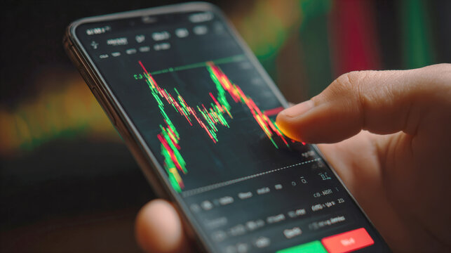 A dynamic close-up shot of hand touching smartphone screen displaying candlestick chart showing stock or crypto market fluctuations in red, green, representing online trading, investment on mobile app