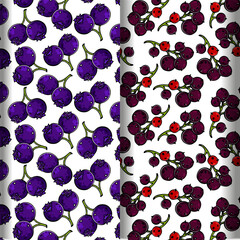 Flat blueberry  fruit seamless pattern set Blueberry with leaf background for fabric, wrapping paper, wallpaper, textile, packaging, cover, interior, decoration