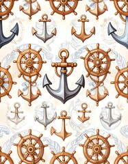 Nautical pattern with anchors and steering wheels