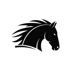 Vector graphic of a black stallion head with a flowing mane, a symbol of power and speed.