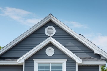 Obraz premium Gable roof circular vent allowing air circulation on clear day. Ventilation of the house. Fascia and Ridge. Grey metal tiles roof. Siding house exterior. Outdoor air conditioning. Architectural Detail
