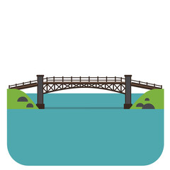 Illustration of a bridge spanning water with green banks on either side.
