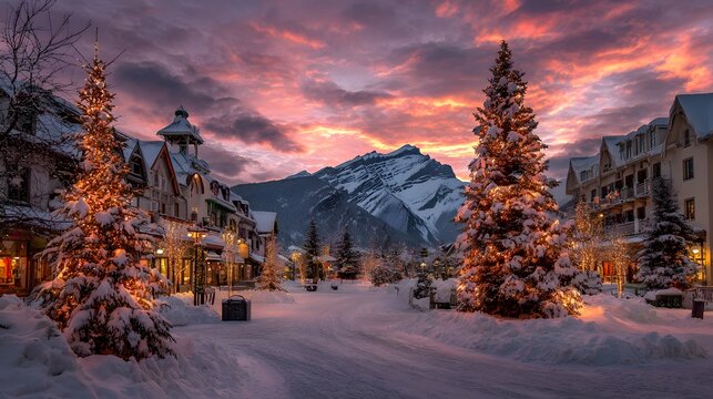 Winter wonderland christmas town snow mountain sunset christmas trees lights holiday travel destination