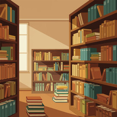 Well-lit library interior with bookshelves filled with various books, and stacks of books on the floor.